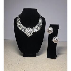 José María Barrera Silver Filigree Statement Necklace & Clip-On Earrings Set – V